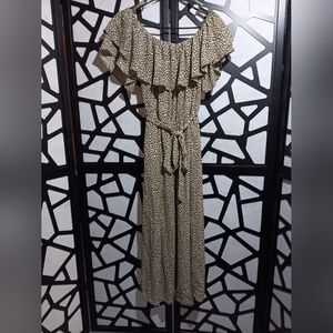 She + Sky - [ALTERED] Off-the-Shoulder Animal Print Jumpsuit - Green, White - M